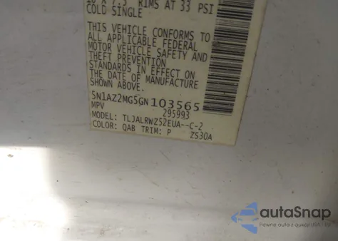 2016 Nissan Murano Sl from USA, damaged, VIN 5N1AZ2MG5GN103565